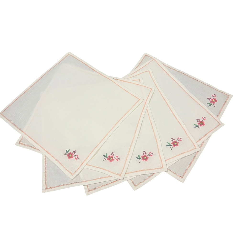 Vintage Hand Embroidered Floral Linen Cocktail Napkins White Set of 6 Hemstitch